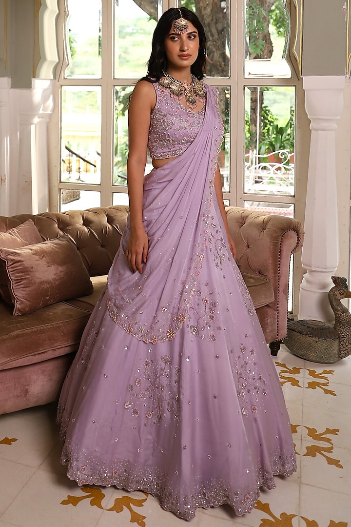 Lavender Satin Organza Hand Embroidered Bridal Lehenga Set by Studio Imbaali at Pernia's Pop Up Shop