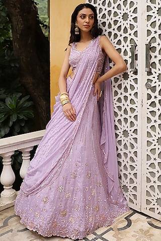 Lavender Satin Organza Hand Embroidered Lehenga Set by Studio Imbaali