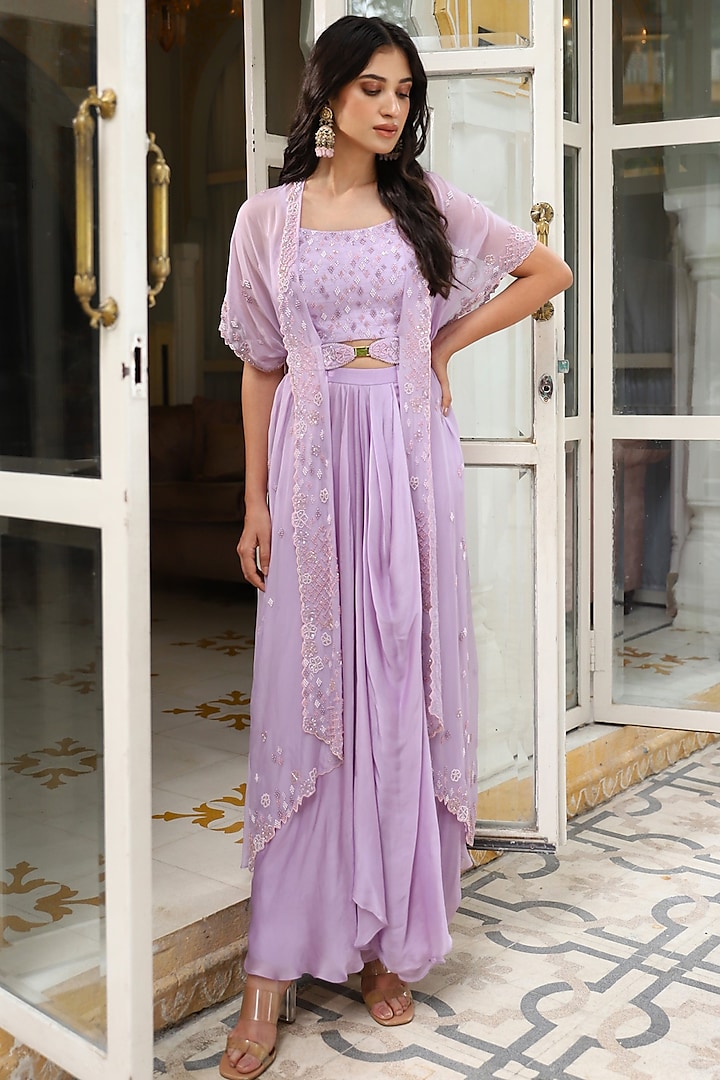 Lavender Satin Georgette Draped Skirt Set by Studio Imbaali