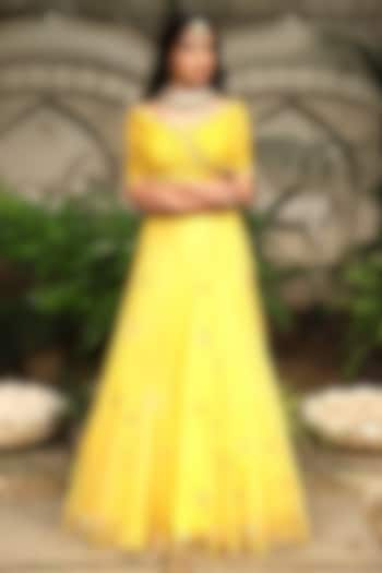 Yellow Organza Hand Embroidered Lehenga Set by Studio Imbaali