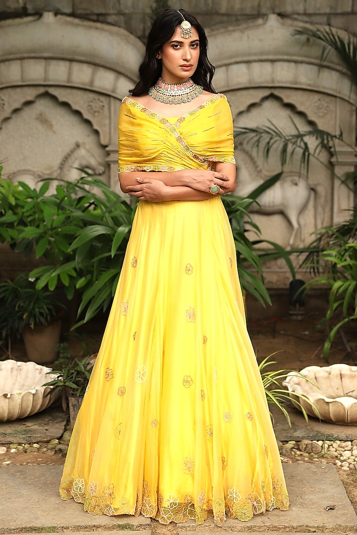 Yellow Organza Hand Embroidered Lehenga Set by Studio Imbaali