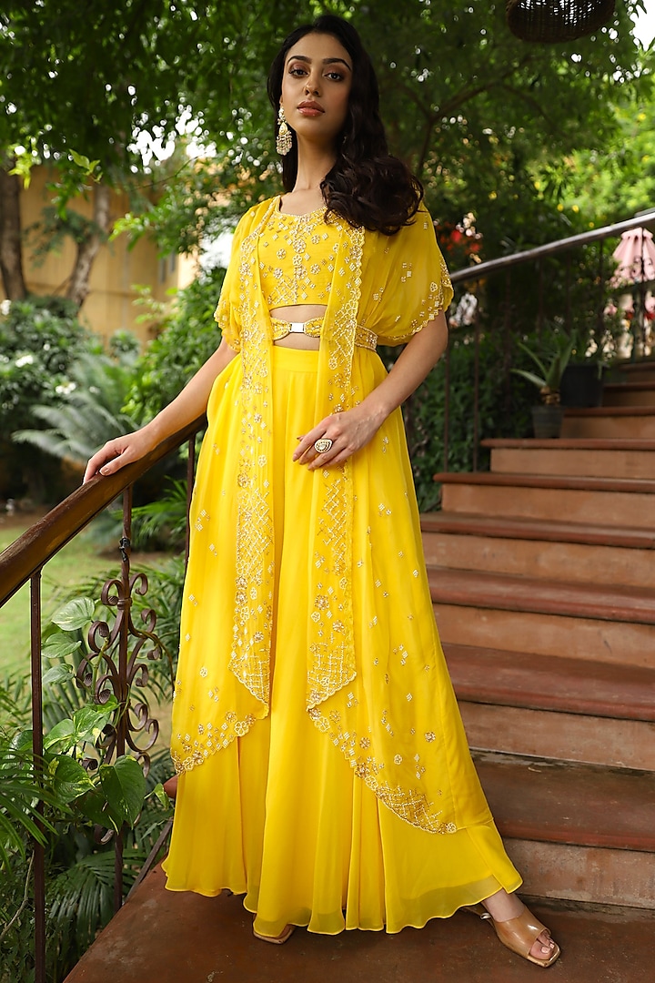 Yellow Georgette Pleated Sharara Set by Studio Imbaali at Pernia's Pop Up Shop