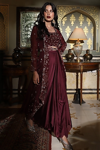 Wine Satin Georgette Draped Skirt Set by Studio Imbaali