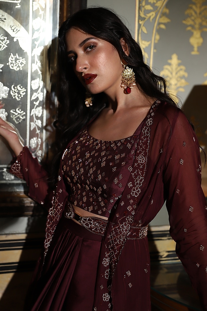 Wine Satin Georgette Draped Skirt Set by Studio Imbaali at Pernia's Pop Up Shop