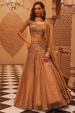 Gold Satin & Organza Hand Embroidered Shimmer Lehenga Set by Studio Imbaali