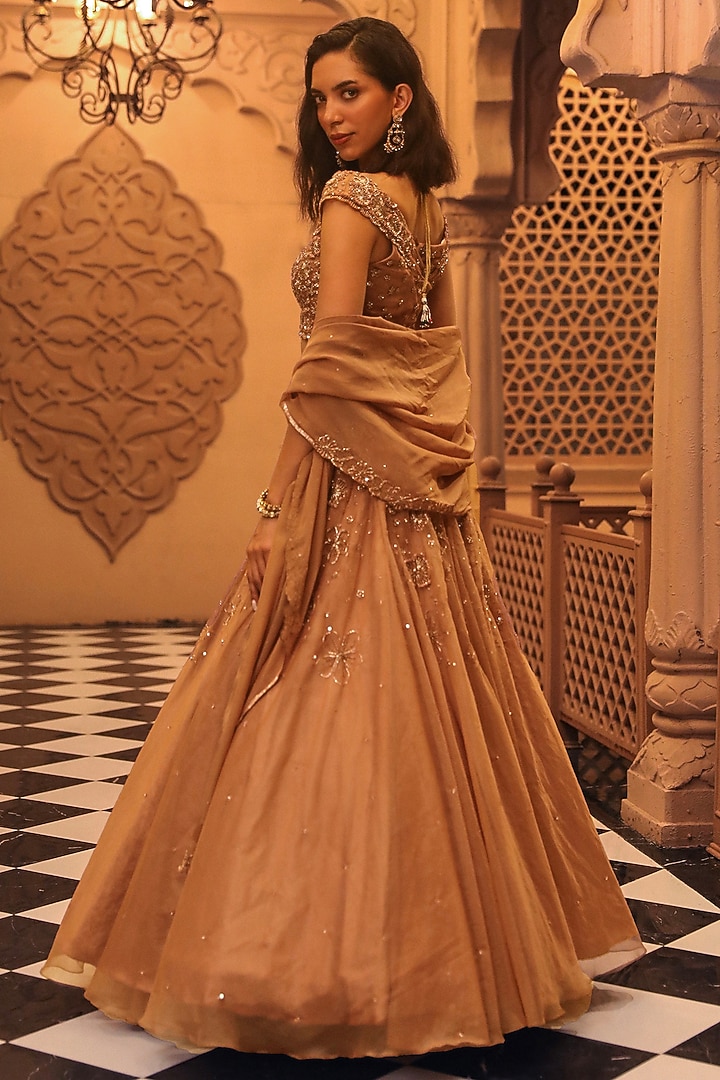 Gold Satin & Organza Hand Embroidered Shimmer Wedding Lehenga Set by Studio Imbaali at Pernia's Pop Up Shop
