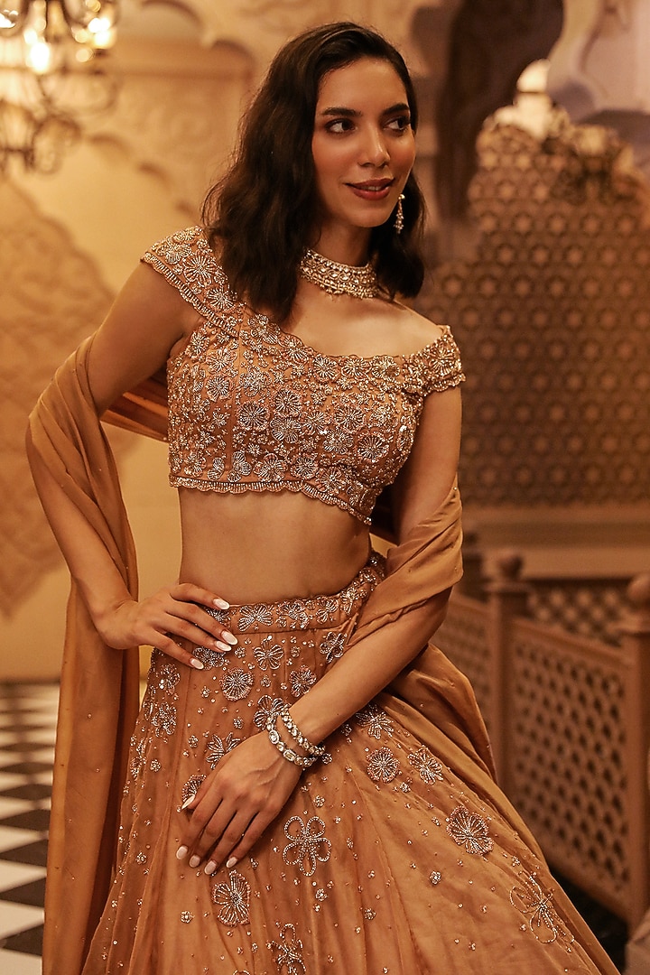 Gold Satin & Organza Hand Embroidered Shimmer Wedding Lehenga Set by Studio Imbaali at Pernia's Pop Up Shop