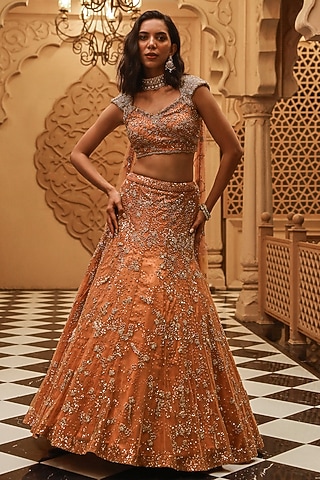 Caramel Organza 3D Embellished Fish Cut Lehenga Set by Studio Imbaali