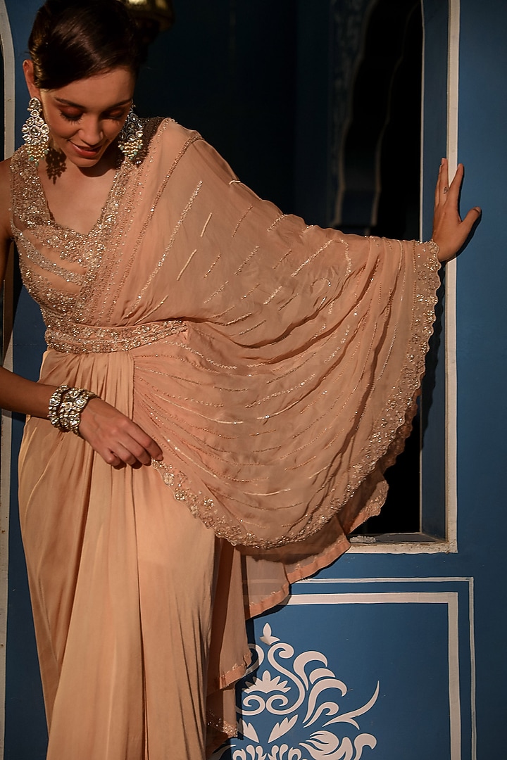 Champagne Net & Satin Hand Embroidered Draped Wedding Saree by Studio Imbaali at Pernia's Pop Up Shop
