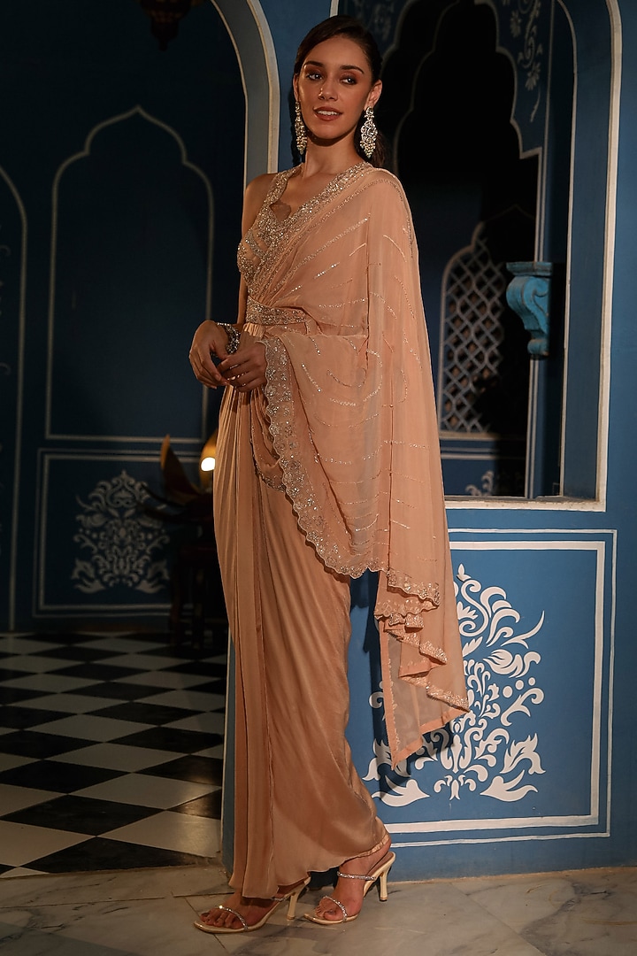 Champagne Net & Satin Hand Embroidered Draped Wedding Saree by Studio Imbaali at Pernia's Pop Up Shop