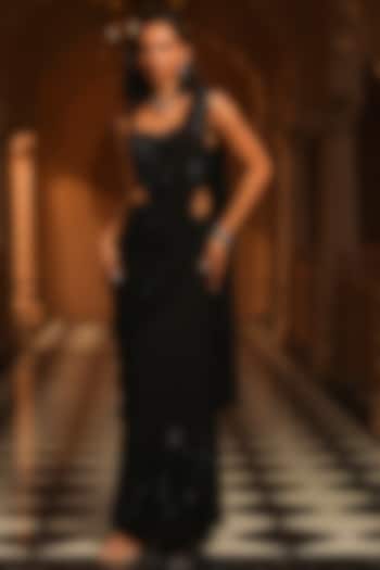 Black Georgette Draped Skirt Wedding Saree Set by Studio Imbaali at Pernia's Pop Up Shop