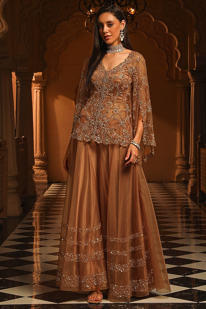 Gold Organza Hand Embroidered Wedding Sharara Set by Studio Imbaali at Pernia's Pop Up Shop