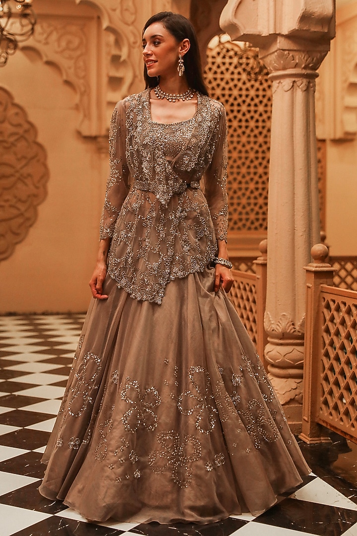 Grey Organza Embellished Jacket Wedding Lehenga Set by Studio Imbaali at Pernia's Pop Up Shop