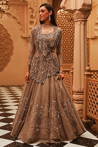 Grey Organza Embellished Jacket Lehenga Set by Studio Imbaali