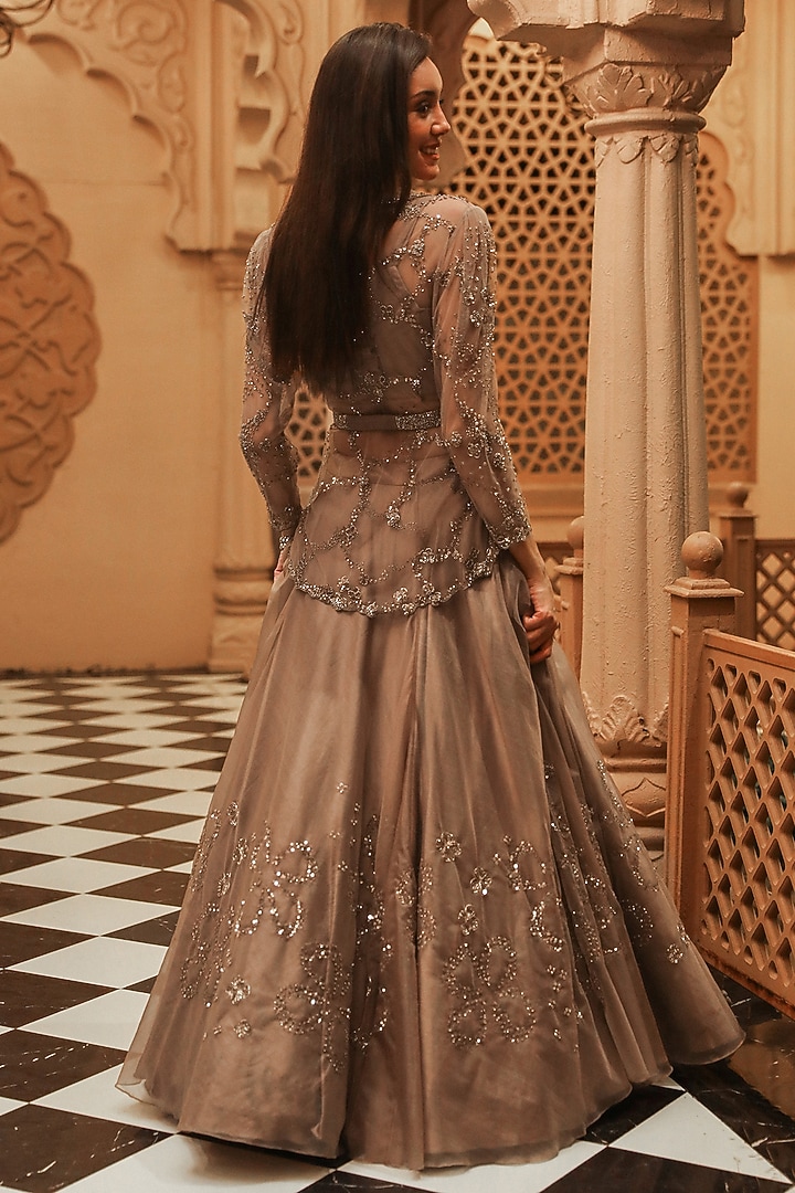 Grey Organza Embellished Jacket Wedding Lehenga Set by Studio Imbaali at Pernia's Pop Up Shop