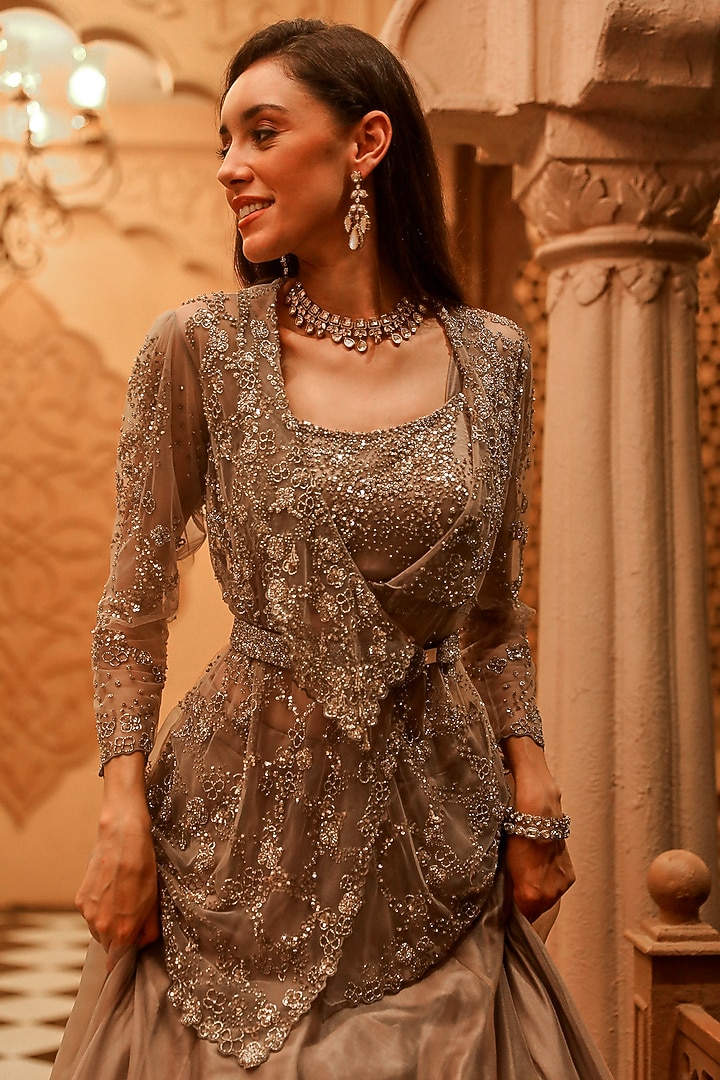 Grey Organza Embellished Jacket Wedding Lehenga Set by Studio Imbaali at Pernia's Pop Up Shop
