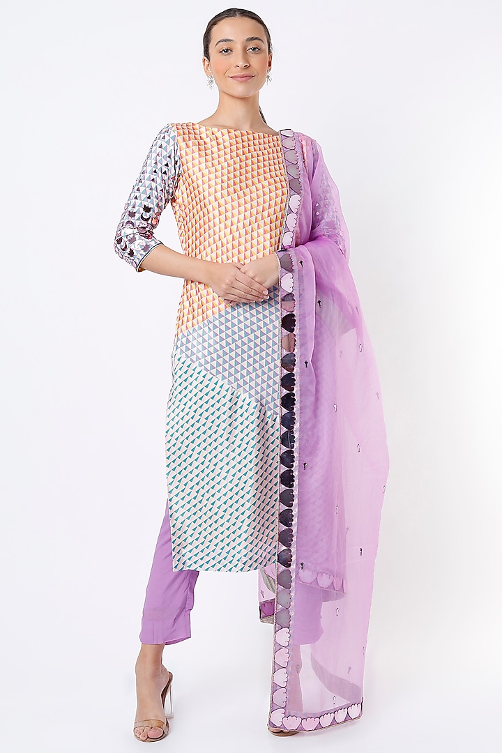 White & Purple Printed & Embellished Kurta Set by Izzumi Mehta
