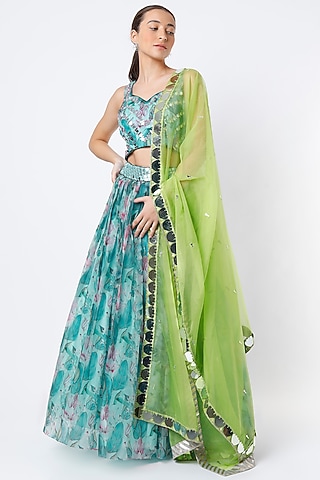 Turquoise Floral Printed Lehenga Set by Izzumi Mehta