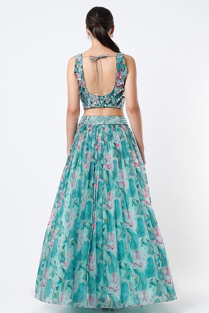 Turquoise Floral Printed Wedding Lehenga Set by Izzumi Mehta at Pernia's Pop Up Shop