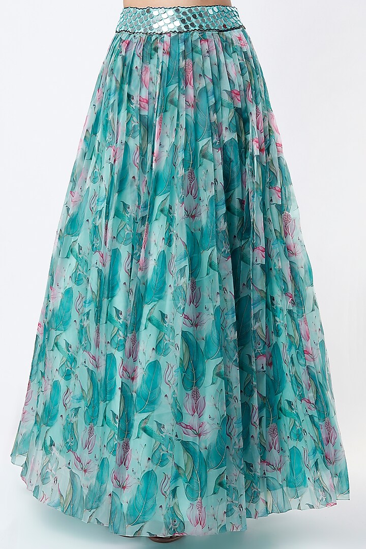 Turquoise Floral Printed Wedding Lehenga Set by Izzumi Mehta at Pernia's Pop Up Shop