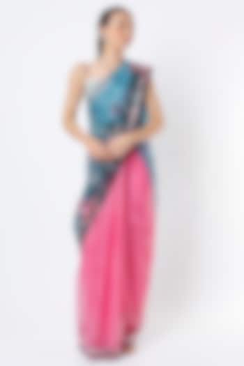 Turquoise & Pink Organza Floral Printed Saree Set by Izzumi Mehta