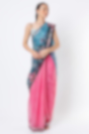 Turquoise & Pink Organza Floral Printed Saree Set by Izzumi Mehta