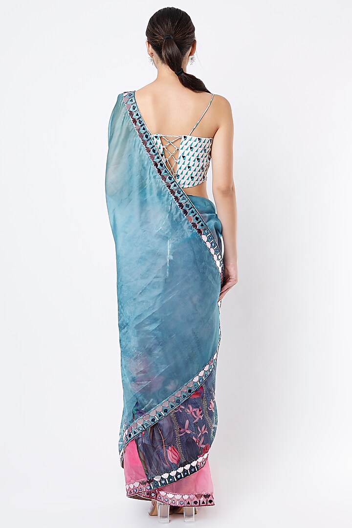 Turquoise & Pink Organza Floral Printed Wedding Saree Set by Izzumi Mehta at Pernia's Pop Up Shop
