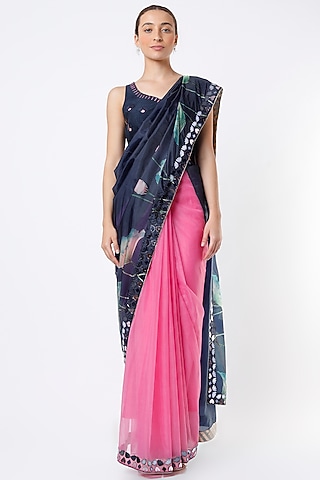 Blue & Pink Organza Printed Saree Set by Izzumi Mehta