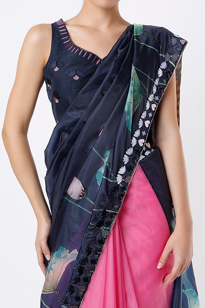 Blue & Pink Organza Printed Wedding Saree Set by Izzumi Mehta at Pernia's Pop Up Shop
