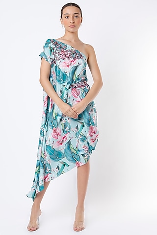 Turquoise & Pink Printed Kaftan by Izzumi Mehta