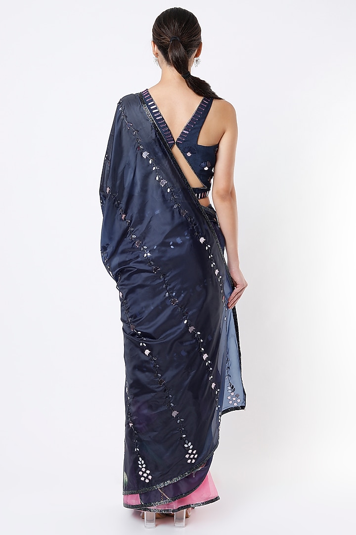 Pink & Blue Organza Printed Wedding Saree Set by Izzumi Mehta at Pernia's Pop Up Shop