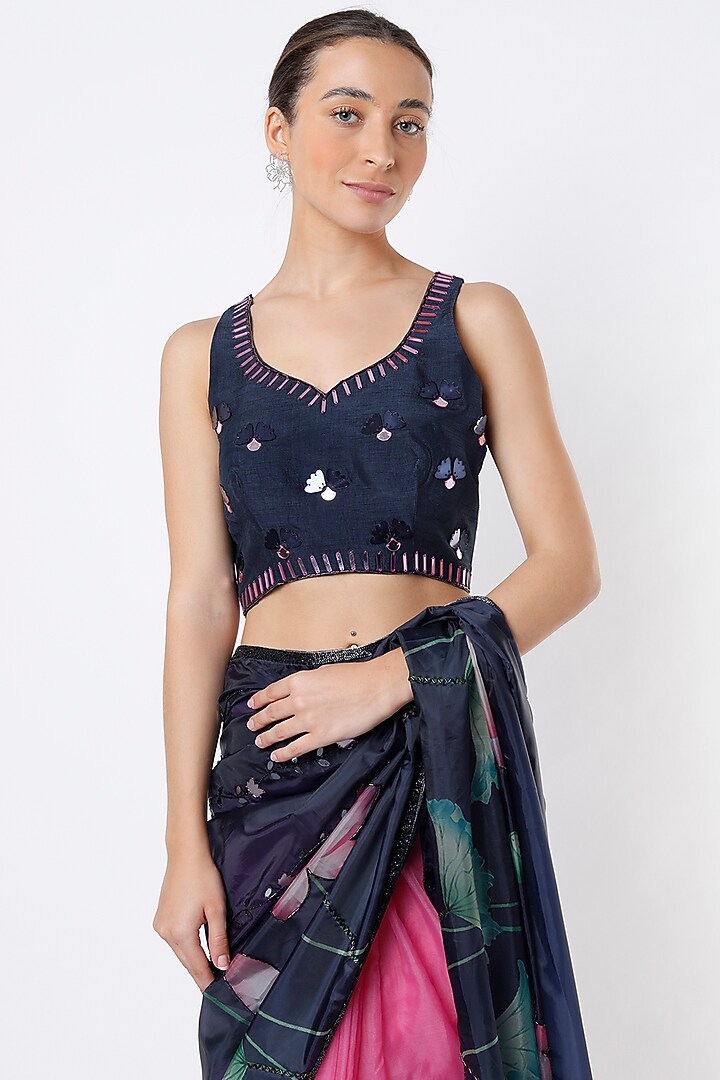 Pink & Blue Organza Printed Wedding Saree Set by Izzumi Mehta at Pernia's Pop Up Shop