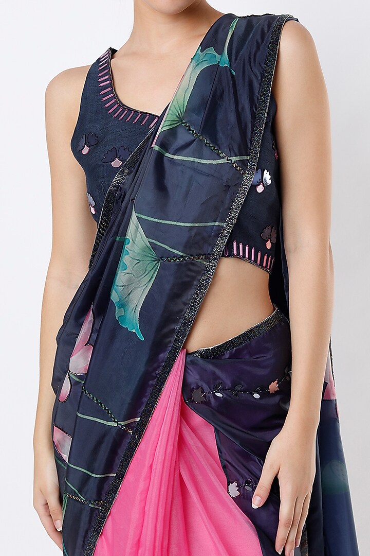 Pink & Blue Organza Printed Wedding Saree Set by Izzumi Mehta at Pernia's Pop Up Shop