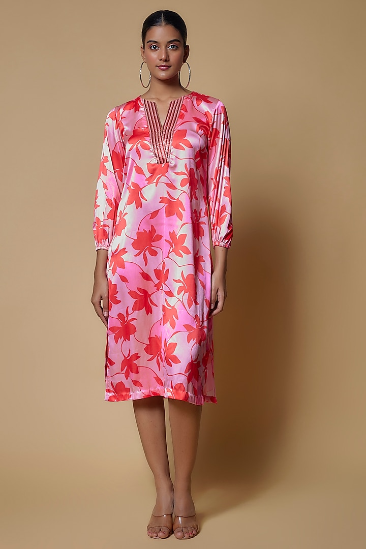 Pink Satin Floral Printed & Hand Embroidered Tunic by Izzumi Mehta