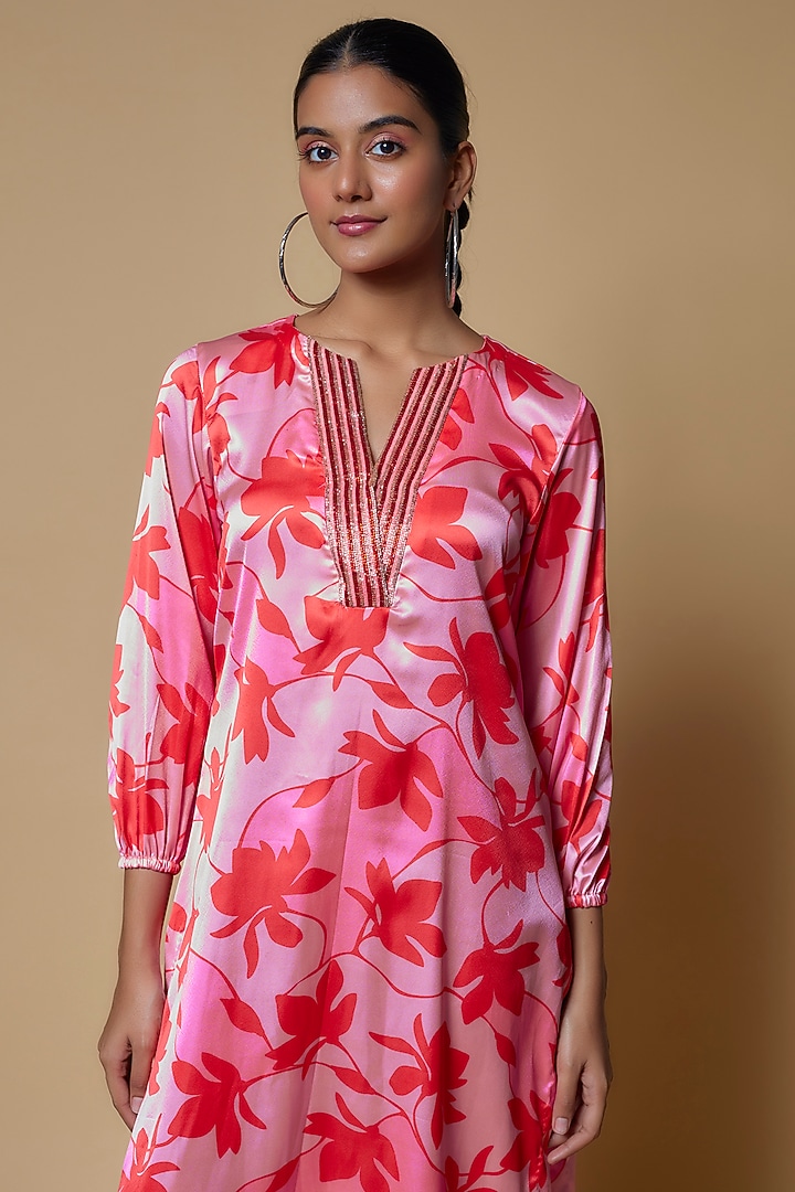 Pink Satin Floral Printed & Hand Embroidered Tunic by Izzumi Mehta at Pernia's Pop Up Shop