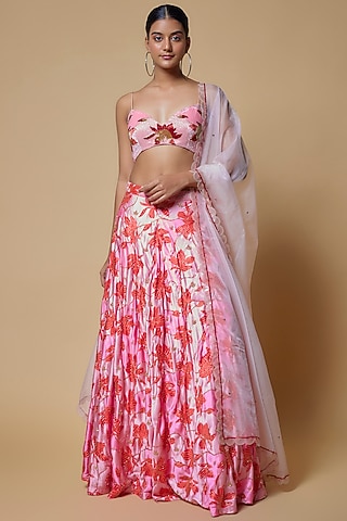 Pink Satin Floral Printed Lehenga Set by Izzumi Mehta