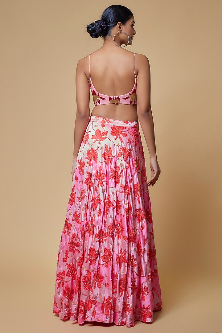 Pink Satin Floral Printed Wedding Lehenga Set by Izzumi Mehta at Pernia's Pop Up Shop