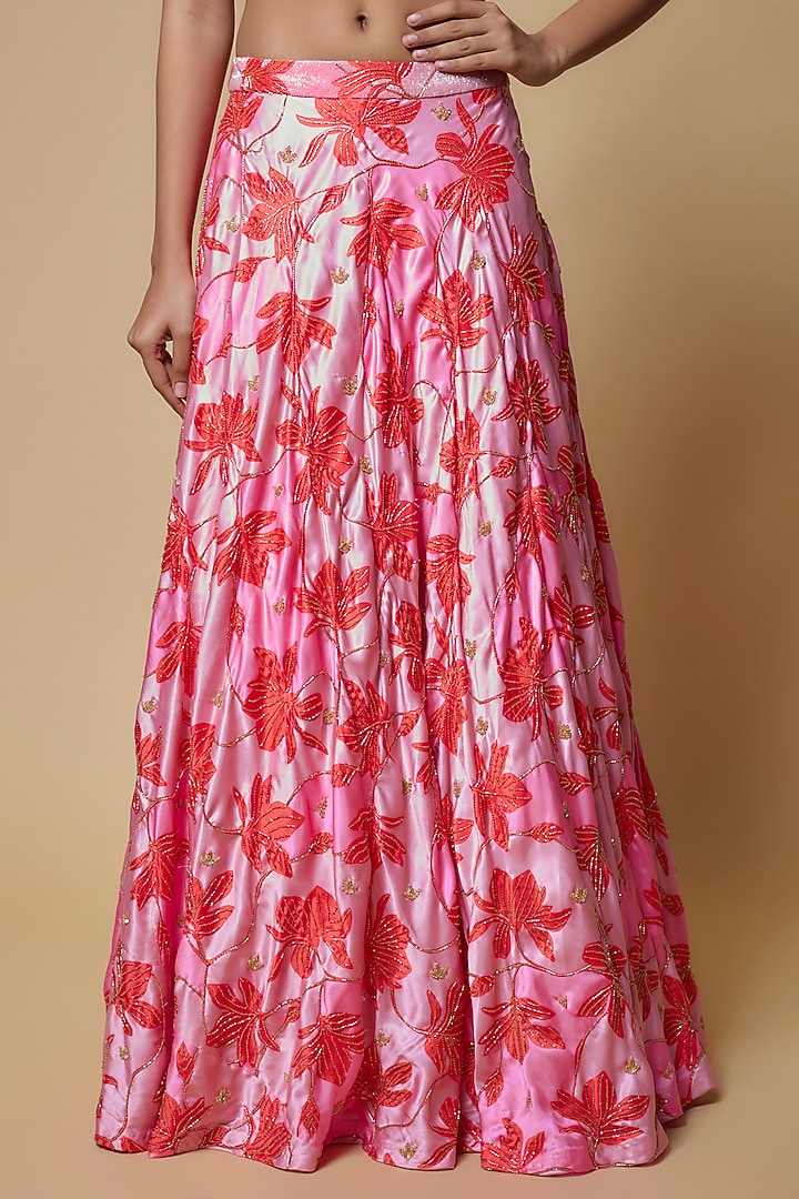 Pink Satin Floral Printed Wedding Lehenga Set by Izzumi Mehta at Pernia's Pop Up Shop