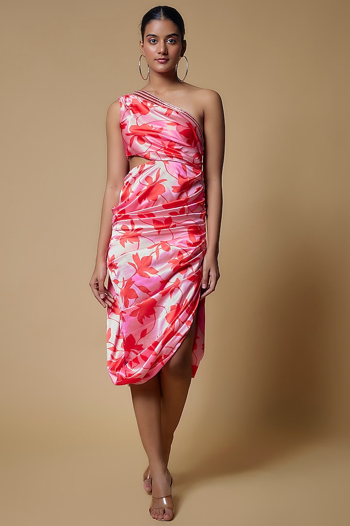 Pink Satin Floral Printed One-Shoulder Dress by Izzumi Mehta