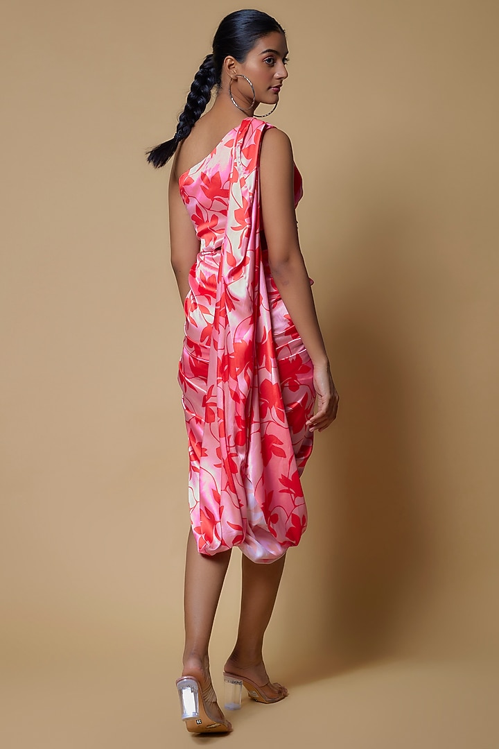 Pink Satin Floral Printed One-Shoulder Summer Dress by Izzumi Mehta at Pernia's Pop Up Shop