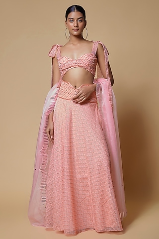 Pink Organza Floral Printed Lehenga Set by Izzumi Mehta