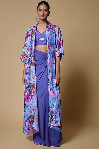Purple Satin Georgette Floral Leaf Printed Jacket Set by Izzumi Mehta