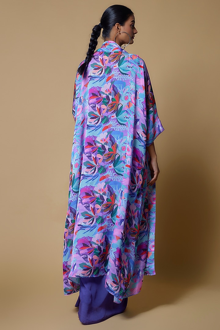 Purple Satin Georgette Floral Leaf Printed Jacket Set by Izzumi Mehta at Pernia's Pop Up Shop
