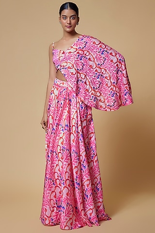 Pink Satin Georgette Floral leaf Printed lehenga Set by Izzumi Mehta
