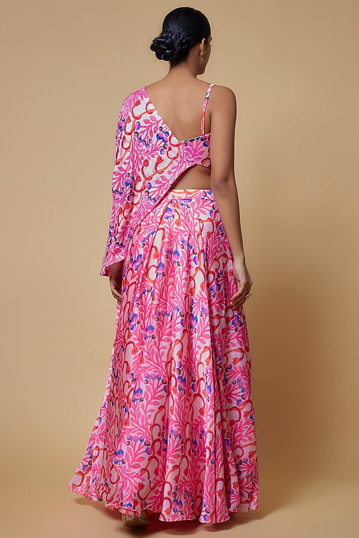 Pink Satin Georgette Floral leaf Printed Wedding Lehenga Set by Izzumi Mehta at Pernia's Pop Up Shop