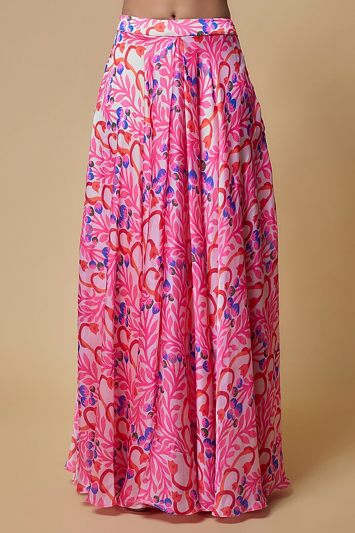 Pink Satin Georgette Floral leaf Printed Wedding Lehenga Set by Izzumi Mehta at Pernia's Pop Up Shop