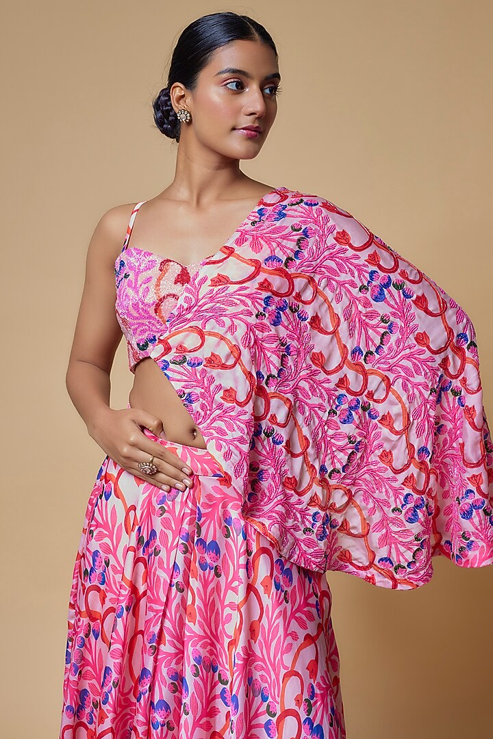 Pink Satin Georgette Floral leaf Printed Wedding Lehenga Set by Izzumi Mehta at Pernia's Pop Up Shop