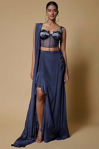 Midnight Blue Crepe Pre-Stitched Saree Set by Izzumi Mehta