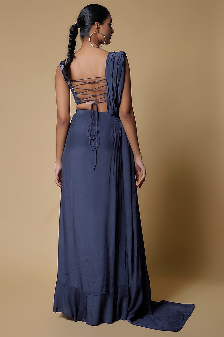 Midnight Blue Crepe Pre-Stitched Party Wear Saree Set by Izzumi Mehta at Pernia's Pop Up Shop
