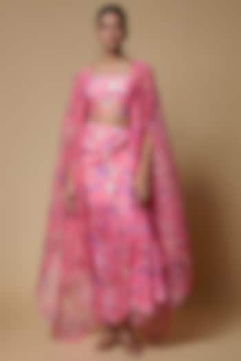 Pink Organza Floral leaf Printed Cape Set by Izzumi Mehta